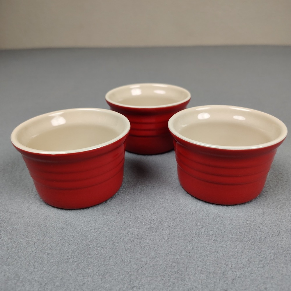 Le Creuset Ramekin Set (3) Cherry Red Stoneware Stackable Ribbed 12-24 Excellent